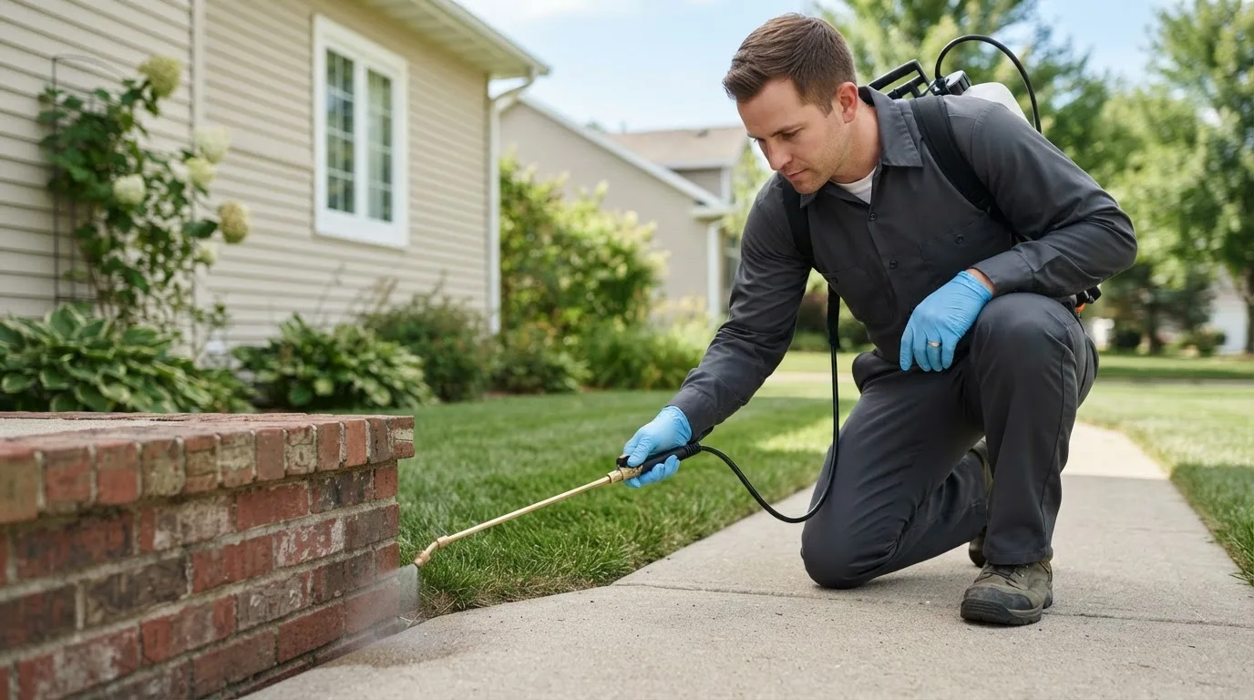 Pest control technician treating a home near Zaleski, OH