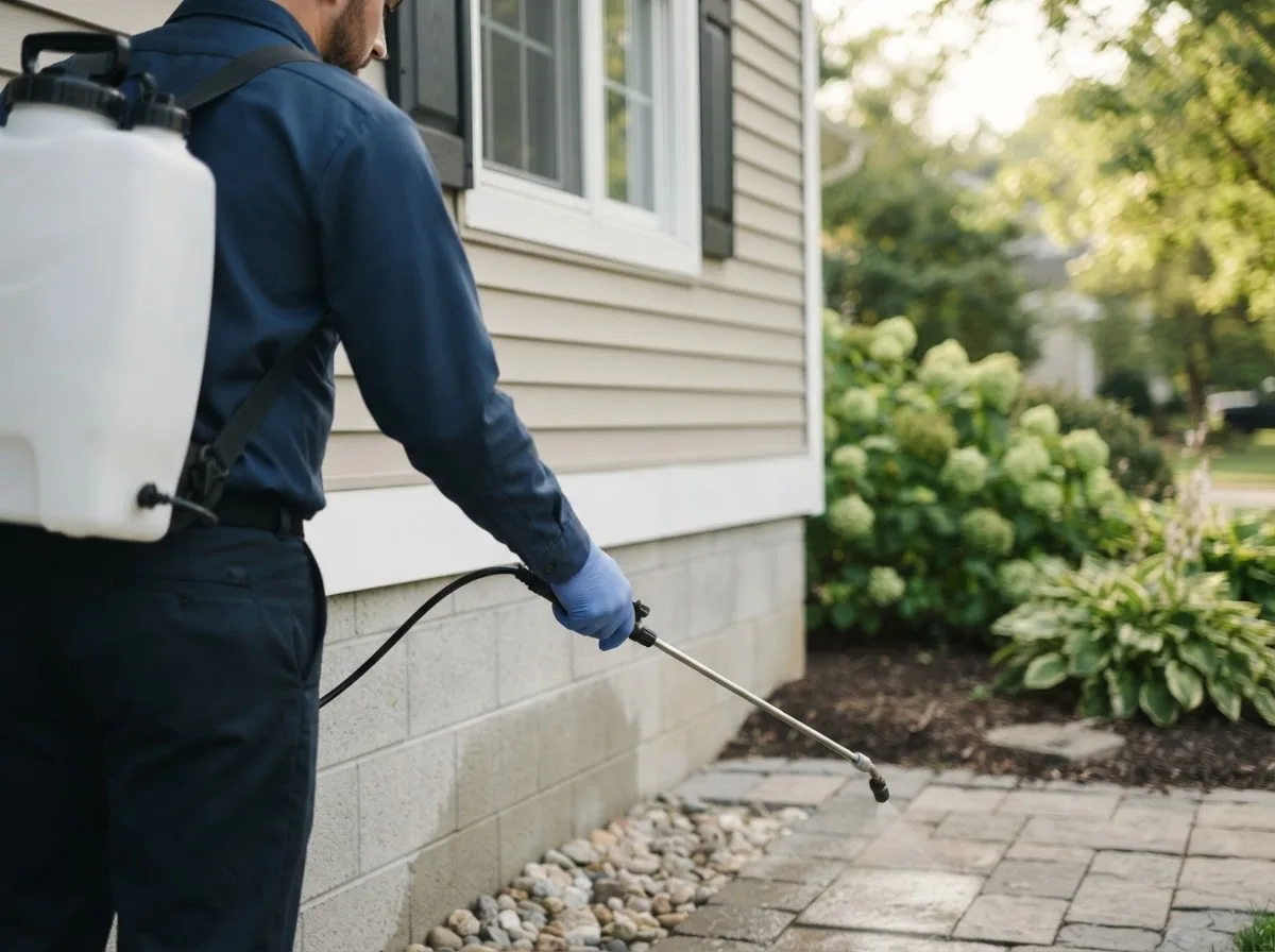 Pest control technician inspecting a home in Zaleski, OH